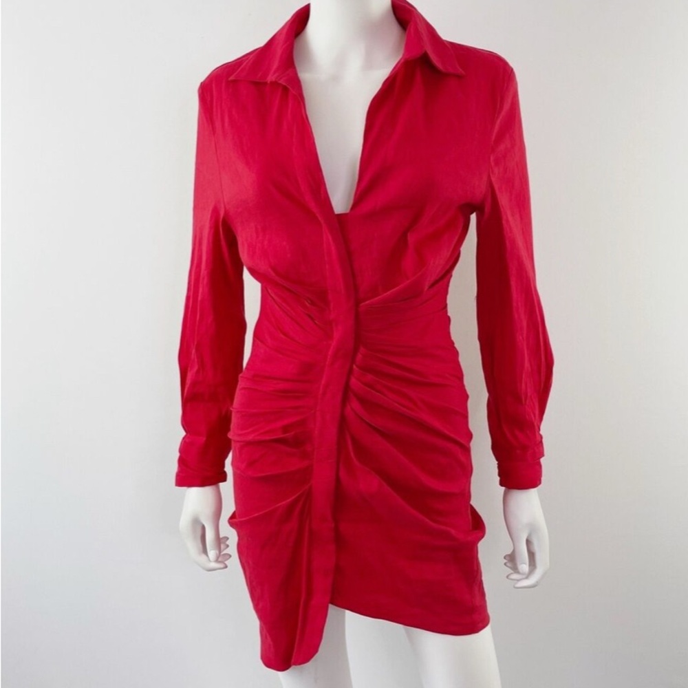Zara long sleeve ruched fitted linen dress